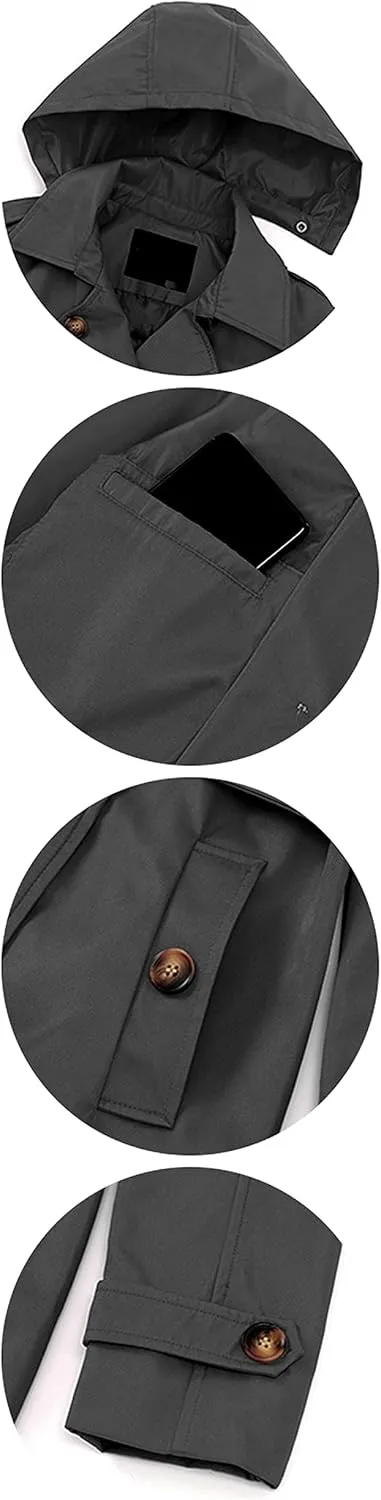 Chrisuno Women's Double Breasted Trench Coats Mid-Length Belted Overcoat Long Dress Jacket with Detachable Hood