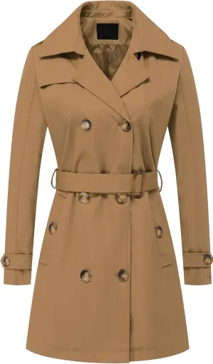 Chrisuno Women's Double Breasted Trench Coats Mid-Length Belted Overcoat Long Dress Jacket with Detachable Hood
