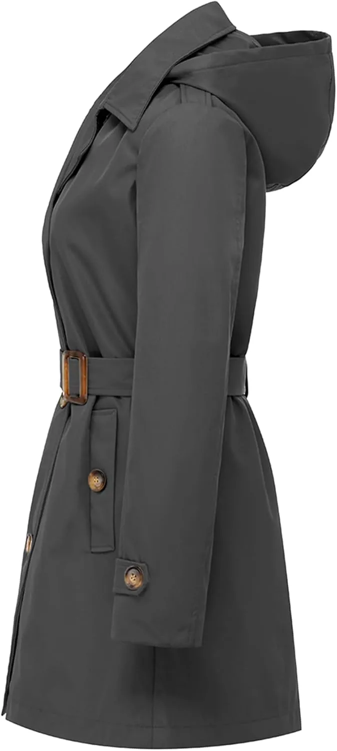 Chrisuno Women's Double Breasted Trench Coats Mid-Length Belted Overcoat Long Dress Jacket with Detachable Hood