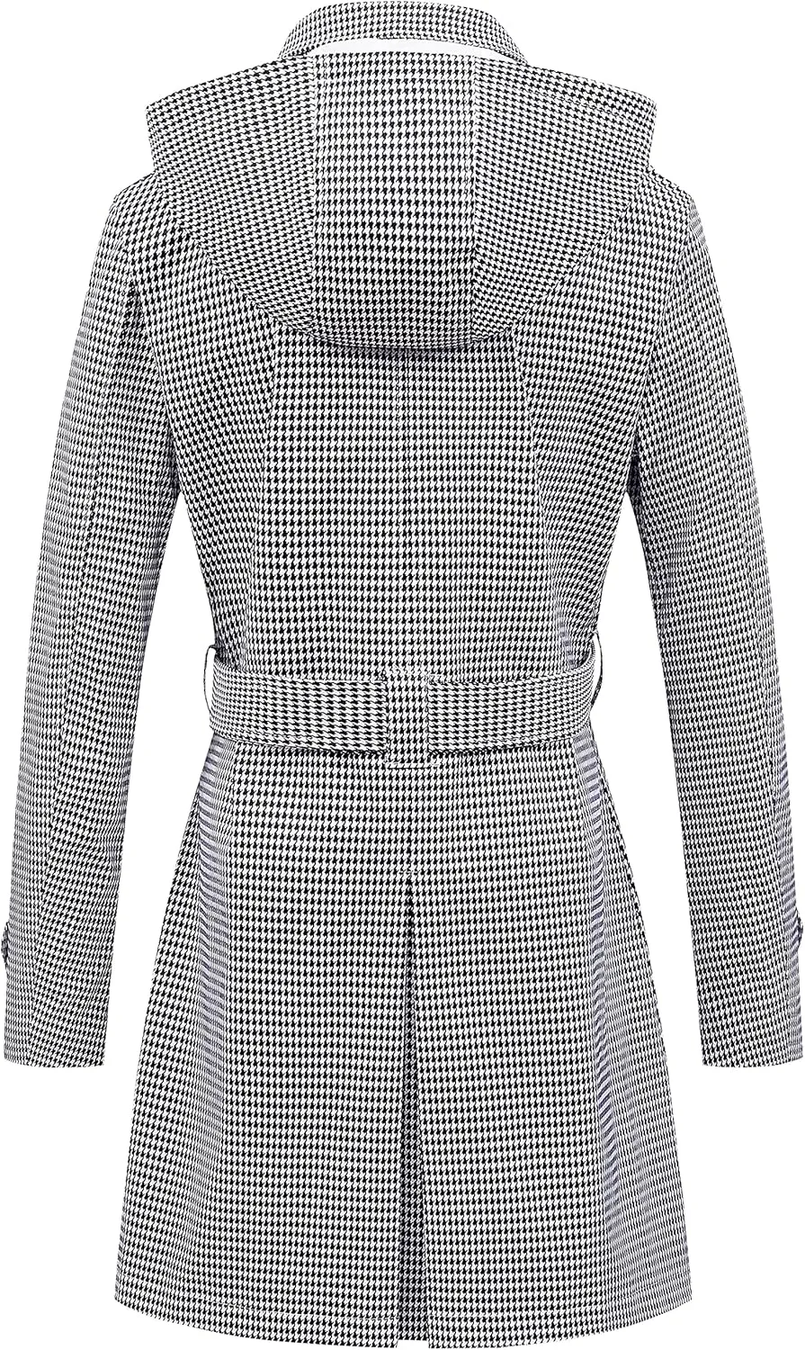 Chrisuno Women's Double Breasted Trench Coats Mid-Length Belted Overcoat Long Dress Jacket with Detachable Hood