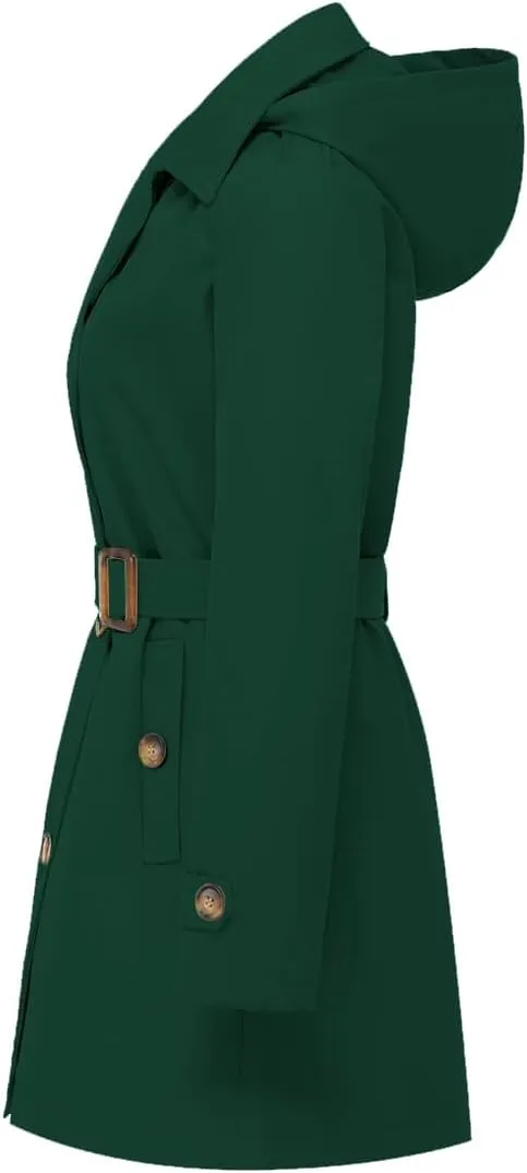 Chrisuno Women's Double Breasted Trench Coats Mid-Length Belted Overcoat Long Dress Jacket with Detachable Hood