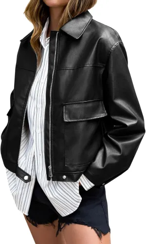 Cicy Bell Womens Faux Leather Bomber Jackets Zip Up Cropped Lapel Moto Coats Trendy Casual Outerwear with Pockets