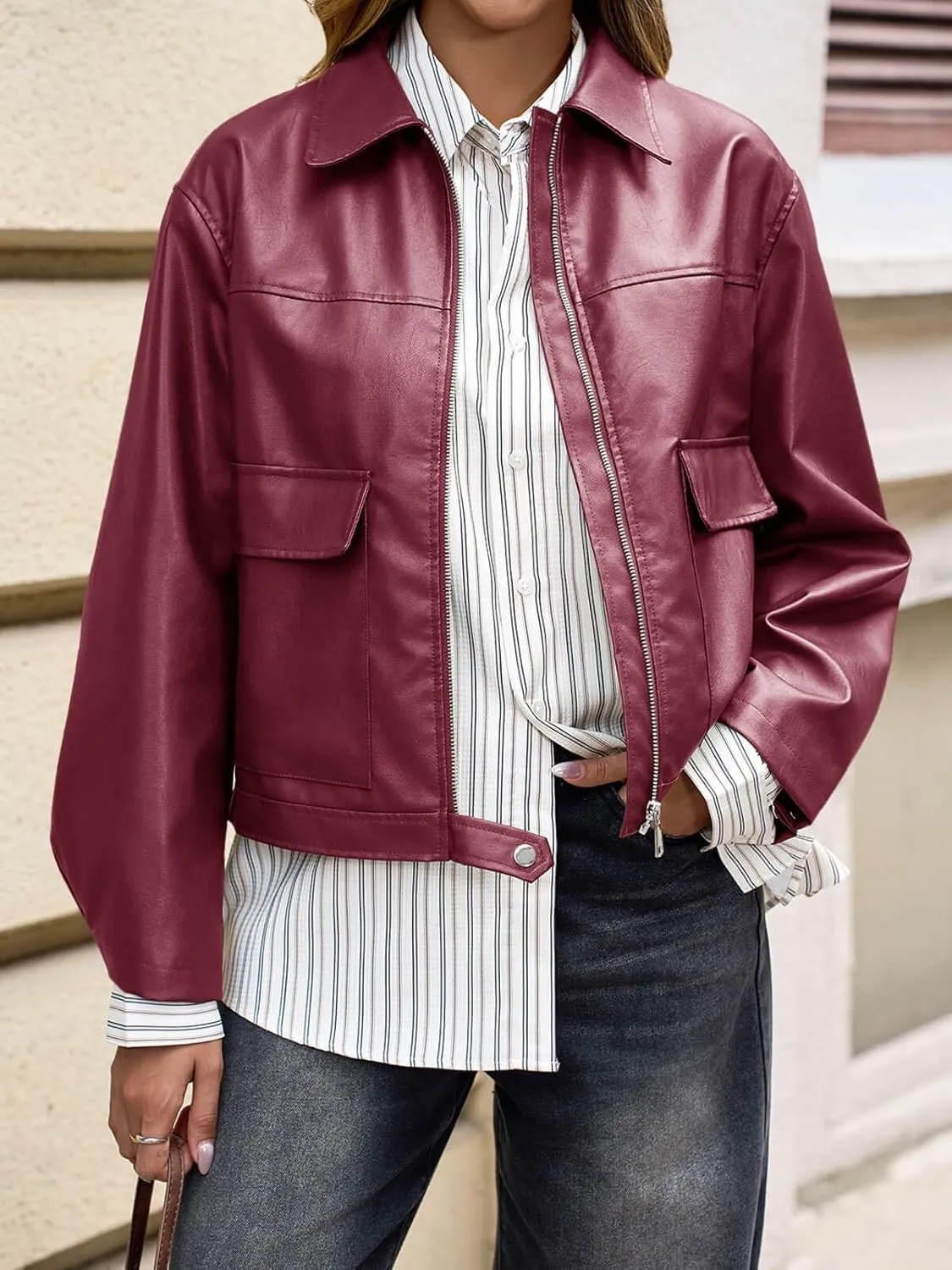 Cicy Bell Womens Faux Leather Bomber Jackets Zip Up Cropped Lapel Moto Coats Trendy Casual Outerwear with Pockets