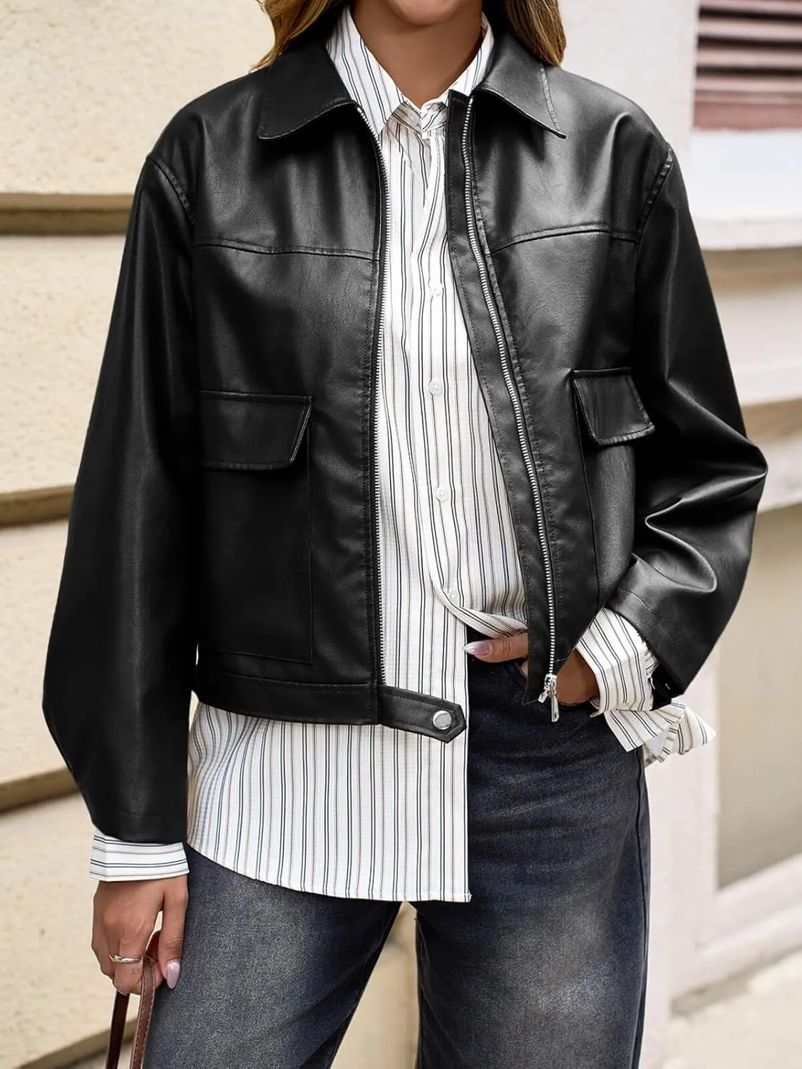 Cicy Bell Womens Faux Leather Bomber Jackets Zip Up Cropped Lapel Moto Coats Trendy Casual Outerwear with Pockets