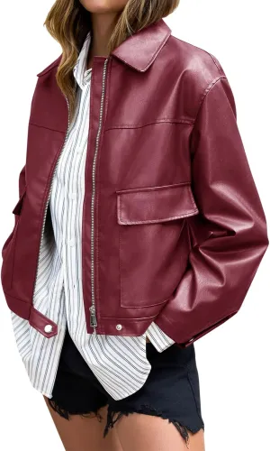 Cicy Bell Womens Faux Leather Bomber Jackets Zip Up Cropped Lapel Moto Coats Trendy Casual Outerwear with Pockets