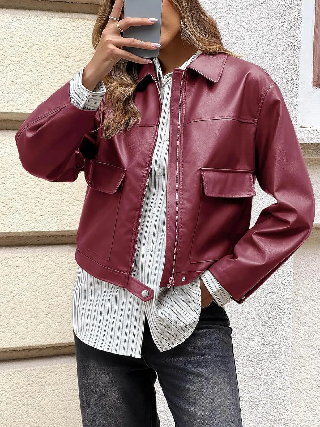 Cicy Bell Womens Faux Leather Bomber Jackets Zip Up Cropped Lapel Moto Coats Trendy Casual Outerwear with Pockets