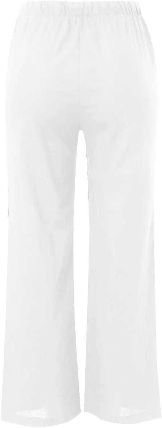 Cotton Linen Pants for Women Summer Relaxed Fit Drawstring Palazzo Pants High Waisted Wide Leg Lounge Beach Trousers