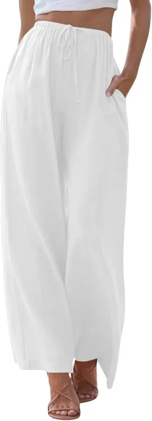 Cotton Linen Pants for Women Summer Relaxed Fit Drawstring Palazzo Pants High Waisted Wide Leg Lounge Beach Trousers