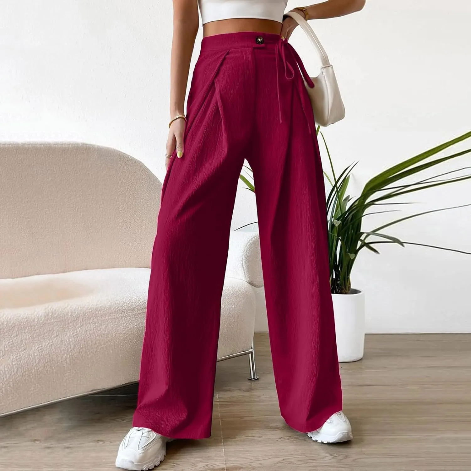 Cotton Linen Pants for Womens 2025 Summer Drawstring High Waist Wide Leg Soft Loose Fit Trousers with Pockets