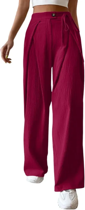 Cotton Linen Pants for Womens 2025 Summer Drawstring High Waist Wide Leg Soft Loose Fit Trousers with Pockets