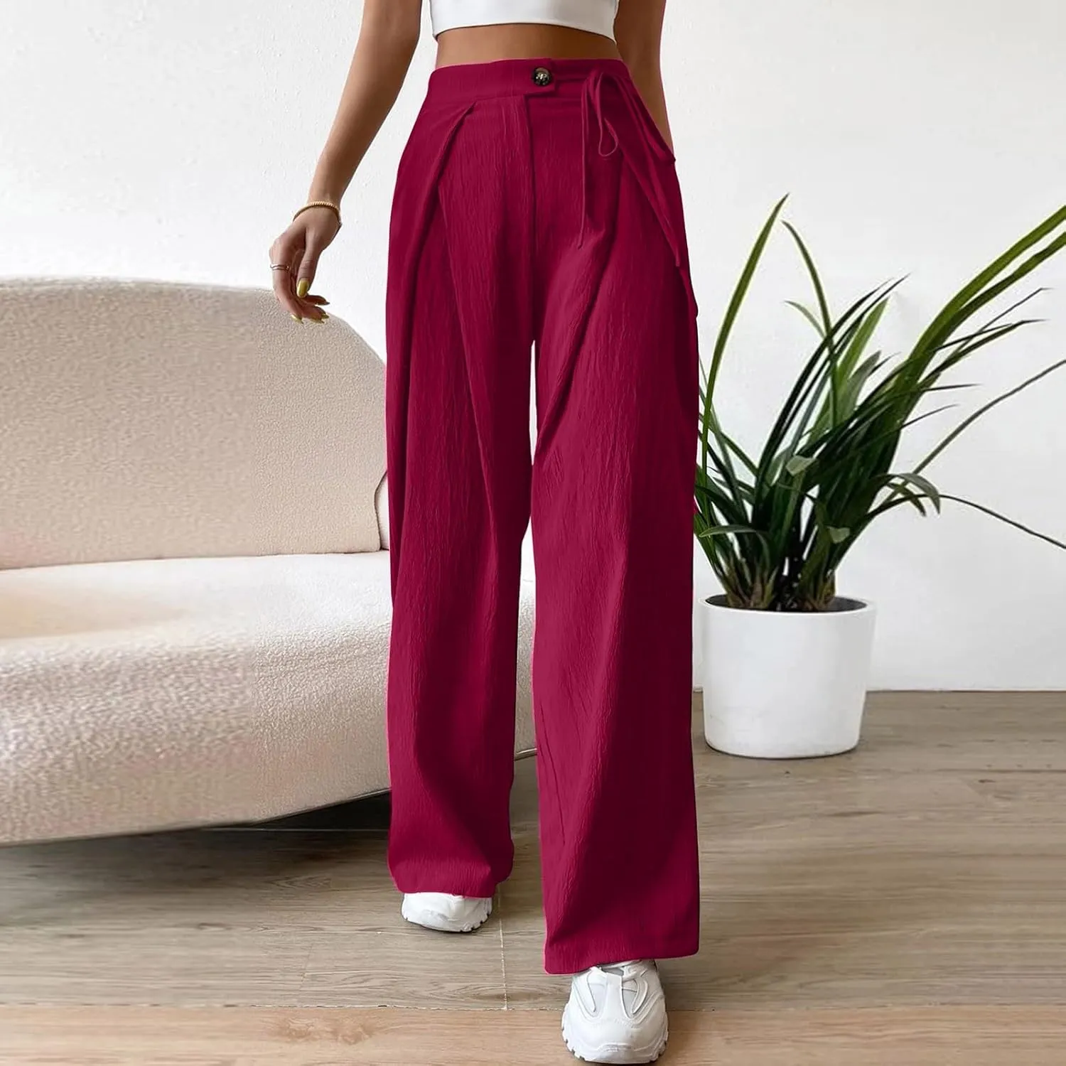 Cotton Linen Pants for Womens 2025 Summer Drawstring High Waist Wide Leg Soft Loose Fit Trousers with Pockets