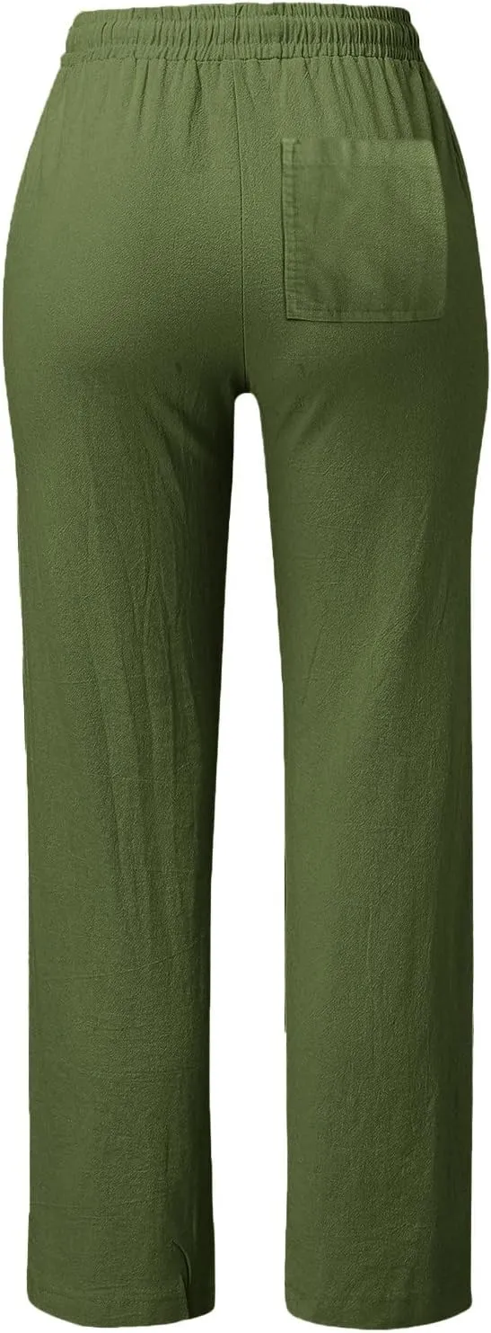 Cotton Linen Pants Women Summer Petite Elastic Waist Solid Lounge Long Trousers Relax Fit Leg White Beach Pant