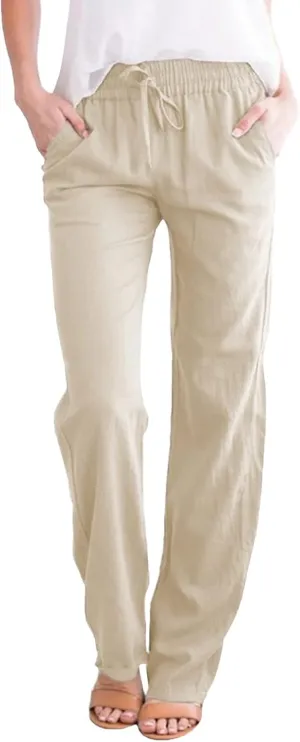 Cotton Linen Pants Women Summer Petite Elastic Waist Solid Lounge Long Trousers Relax Fit Leg White Beach Pant