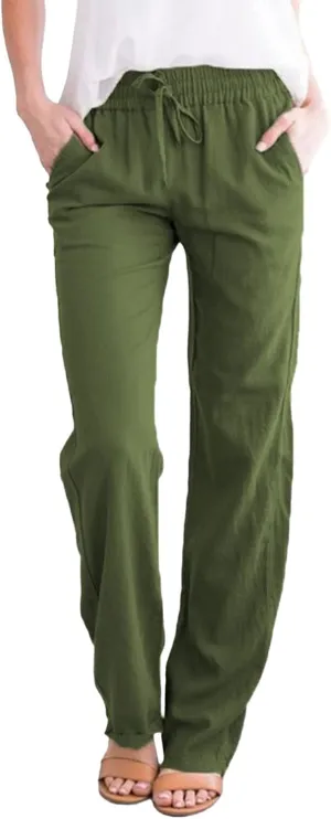 Cotton Linen Pants Women Summer Petite Elastic Waist Solid Lounge Long Trousers Relax Fit Leg White Beach Pant