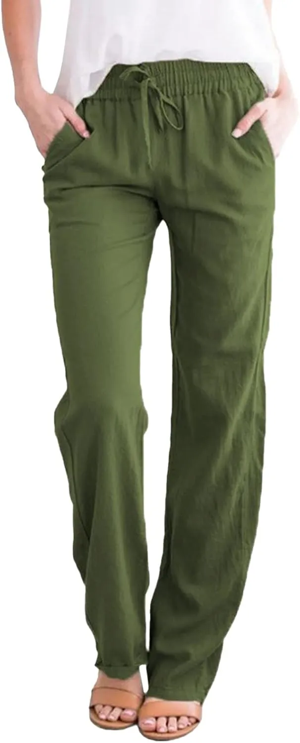 Cotton Linen Pants Women Summer Petite Elastic Waist Solid Lounge Long Trousers Relax Fit Leg White Beach Pant