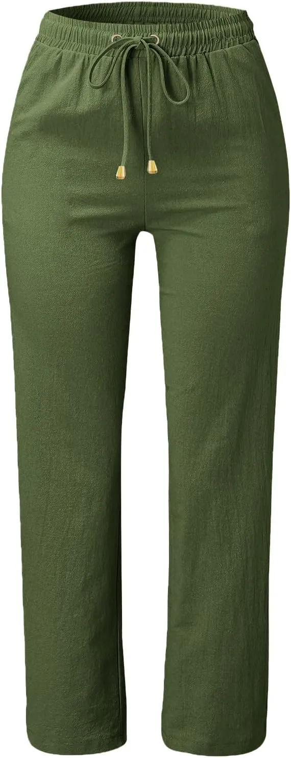 Cotton Linen Pants Women Summer Petite Elastic Waist Solid Lounge Long Trousers Relax Fit Leg White Beach Pant