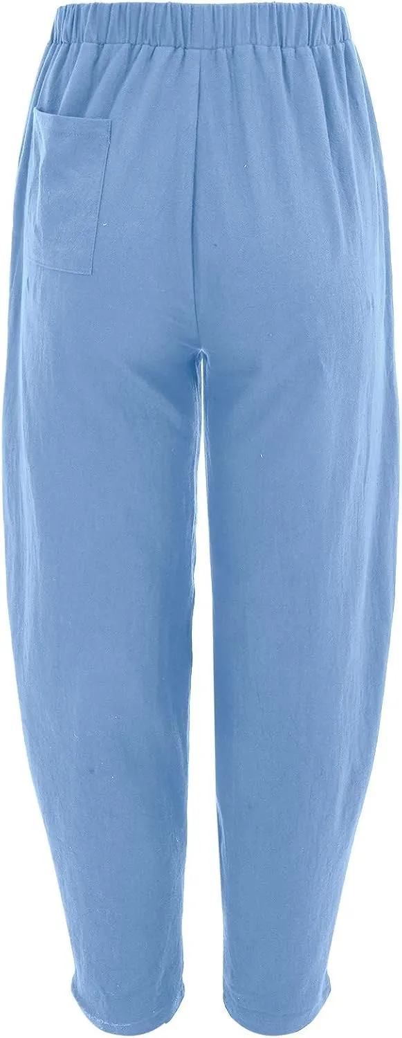 Cotton Linen Trousers for Womens Drawstring Lightweight High Elastic Waist Loose Fit Wide Leg Trousers with Pockets