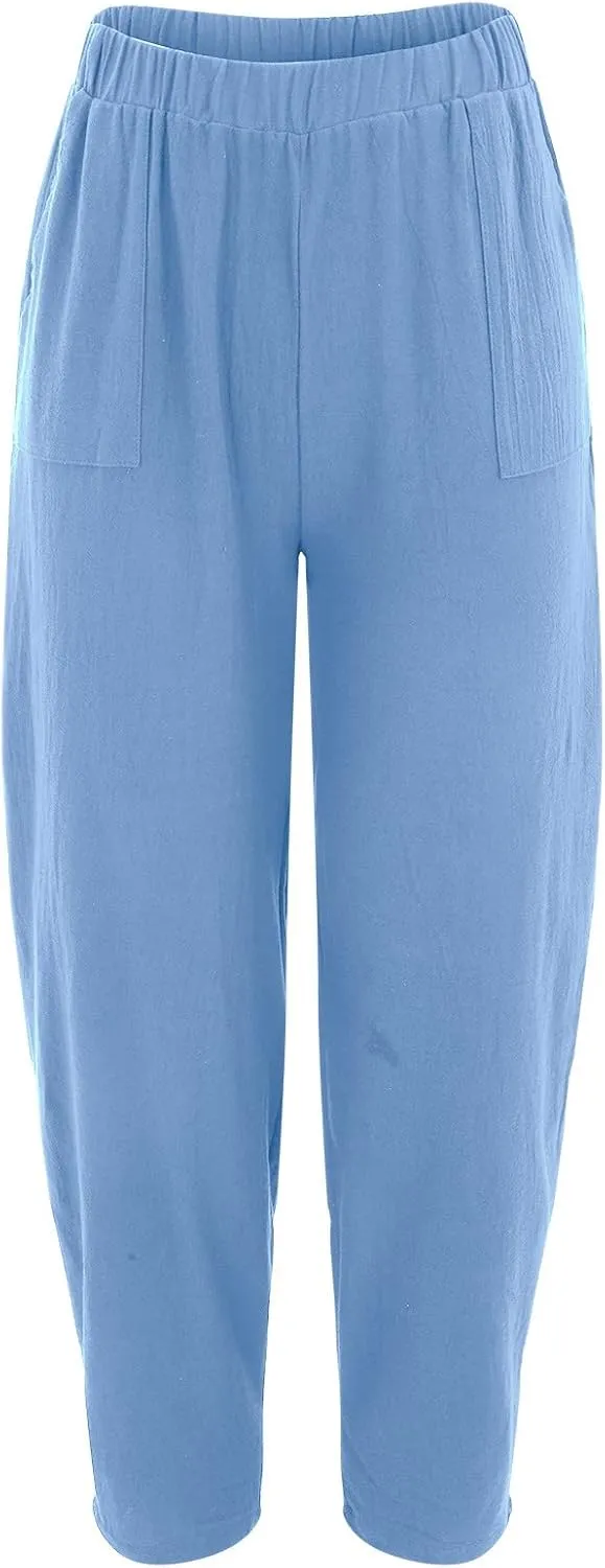 Cotton Linen Trousers for Womens Drawstring Lightweight High Elastic Waist Loose Fit Wide Leg Trousers with Pockets