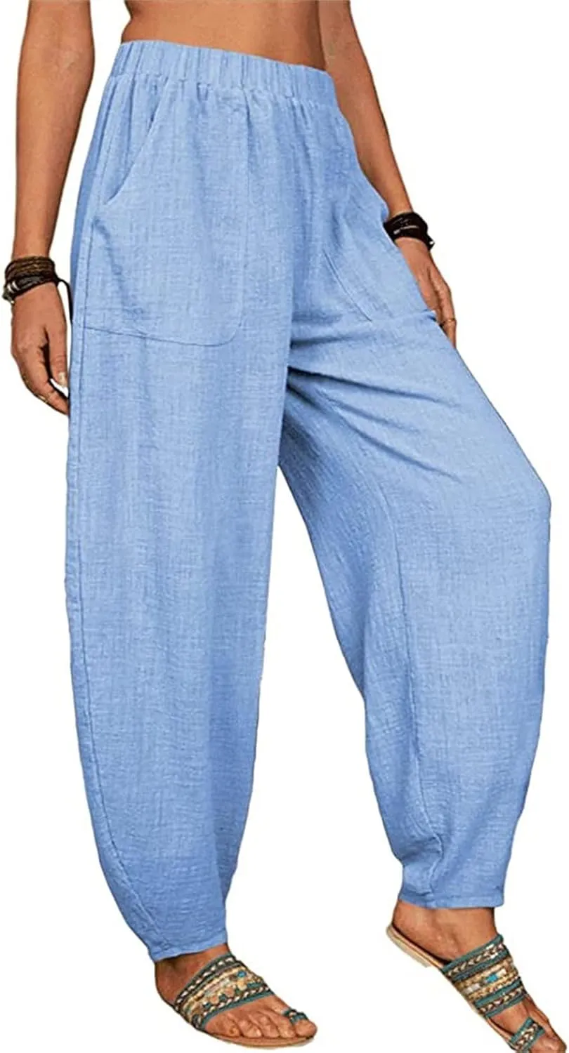 Cotton Linen Trousers for Womens Drawstring Lightweight High Elastic Waist Loose Fit Wide Leg Trousers with Pockets