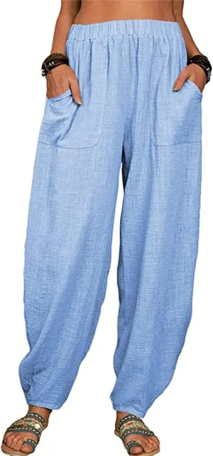 Cotton Linen Trousers for Womens Drawstring Lightweight High Elastic Waist Loose Fit Wide Leg Trousers with Pockets
