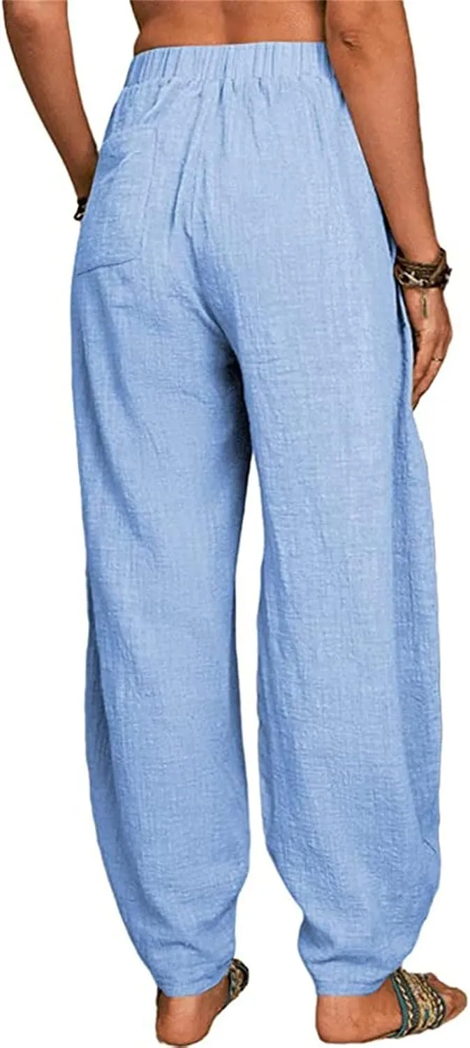 Cotton Linen Trousers for Womens Drawstring Lightweight High Elastic Waist Loose Fit Wide Leg Trousers with Pockets