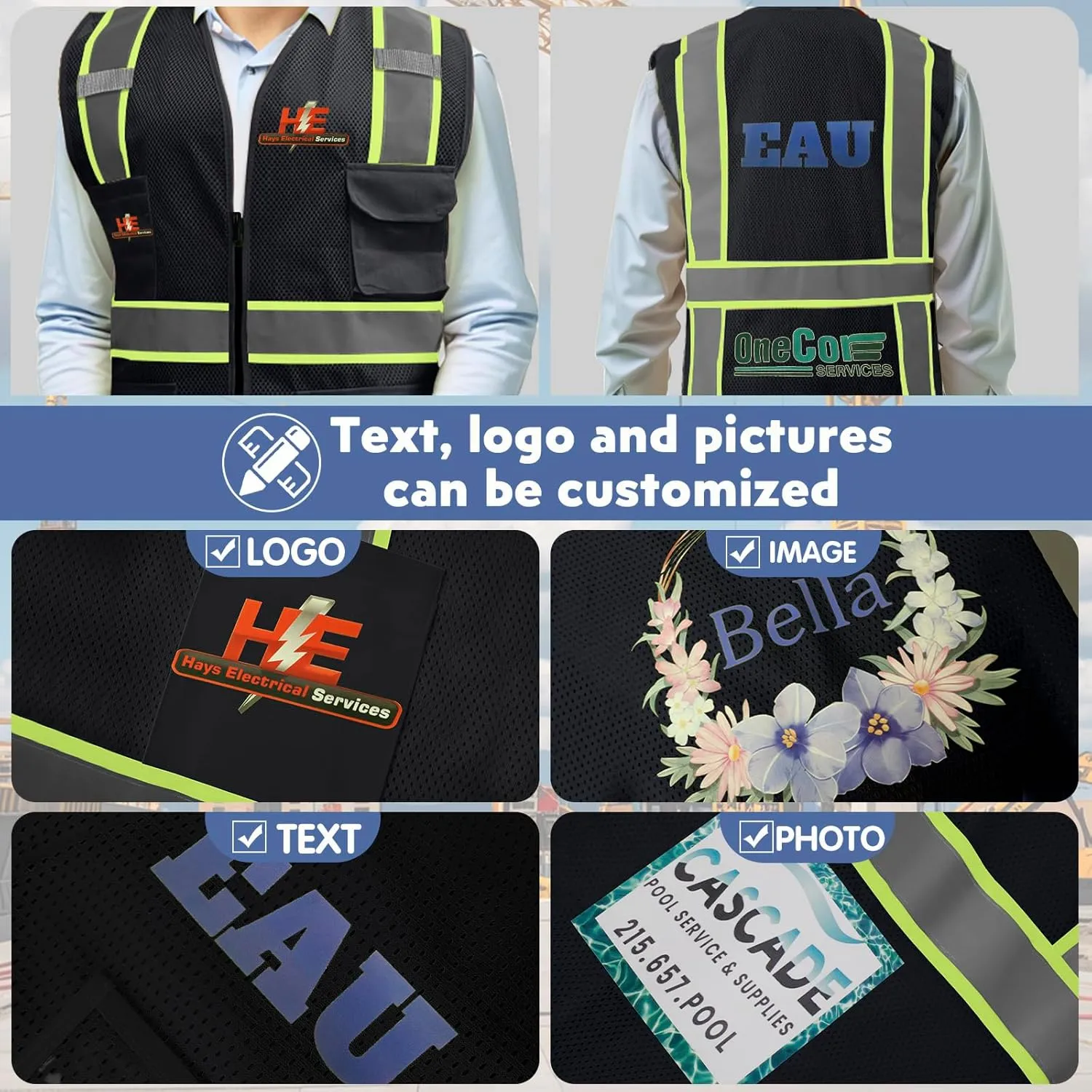 Custom Logo Safety Vest(S,M,L,XL,2XL,3XL,4XL) High Visibility Reflective Safety Vests Class 2