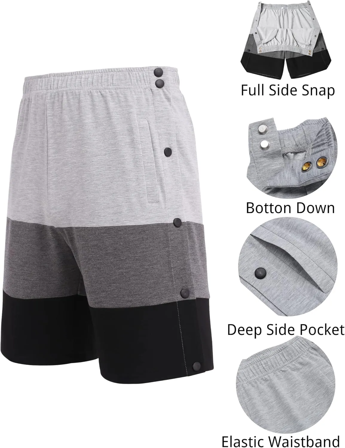 Deyeek Mens Tear Away Shorts Post Surgery Recovery Side Snap Shorts Color Block Cotton Break Away Pants with Pockets