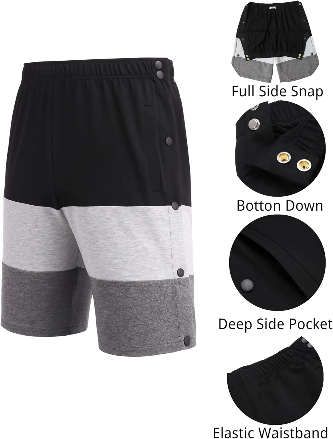 Deyeek Mens Tear Away Shorts Post Surgery Recovery Side Snap Shorts Color Block Cotton Break Away Pants with Pockets