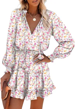 Dokotoo Spring Dresses for 2025 Boho Floral Drawstring V Neck Smocked Long Sleeve Ruffle Tiered Chiffon Mini Short Dress
