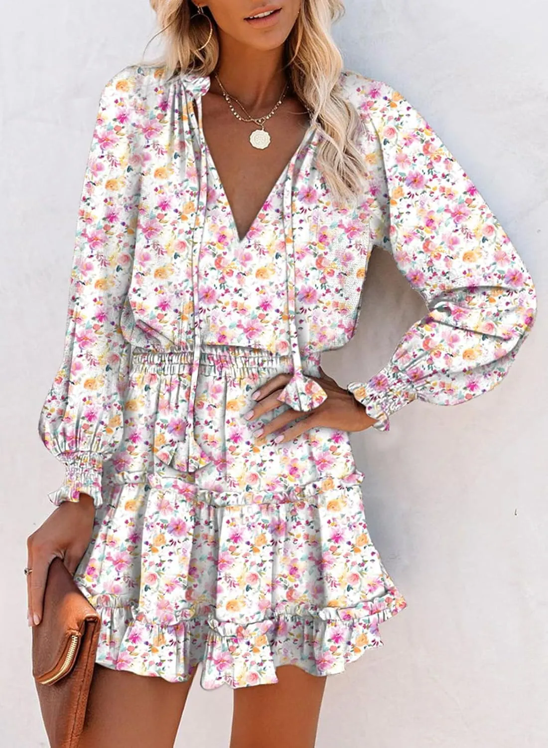 Dokotoo Spring Dresses for 2025 Boho Floral Drawstring V Neck Smocked Long Sleeve Ruffle Tiered Chiffon Mini Short Dress