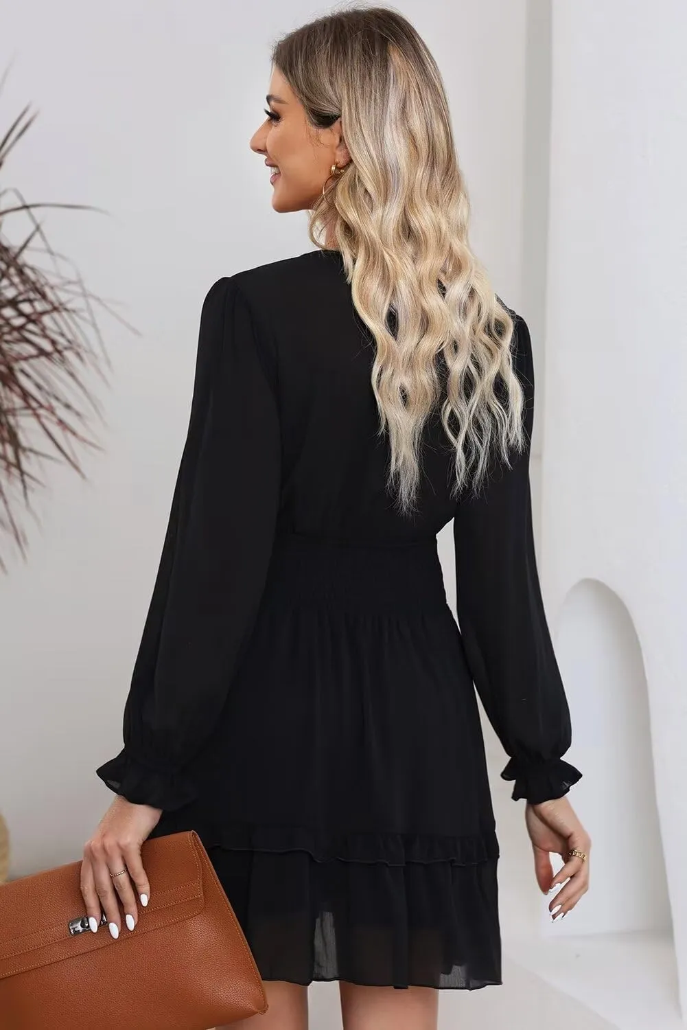 Dokotoo Womens Casual Spring Summer 2025 Deep V Neck Knotted Tiered Chiffon Elegant Mini Short Swing Skater Dresses