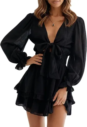 Dokotoo Womens Casual Spring Summer 2025 Deep V Neck Knotted Tiered Chiffon Elegant Mini Short Swing Skater Dresses