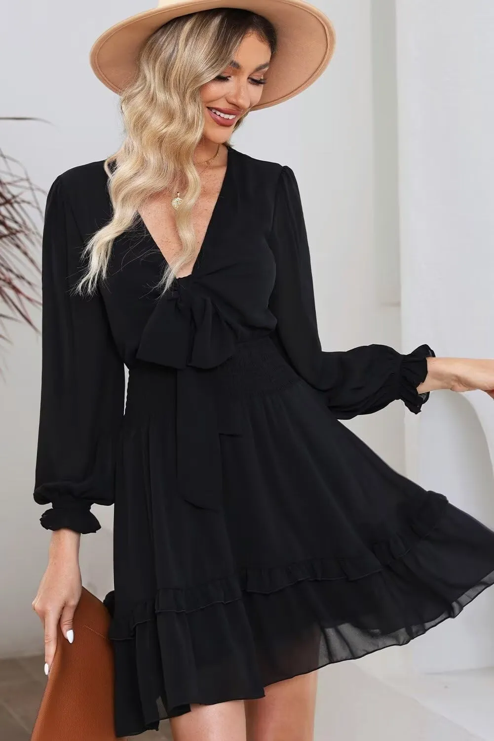 Dokotoo Womens Casual Spring Summer 2025 Deep V Neck Knotted Tiered Chiffon Elegant Mini Short Swing Skater Dresses