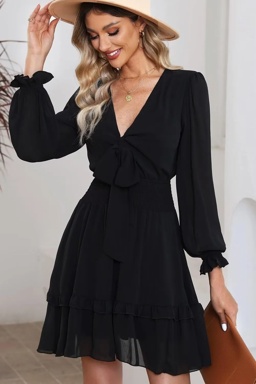 Dokotoo Womens Casual Spring Summer 2025 Deep V Neck Knotted Tiered Chiffon Elegant Mini Short Swing Skater Dresses