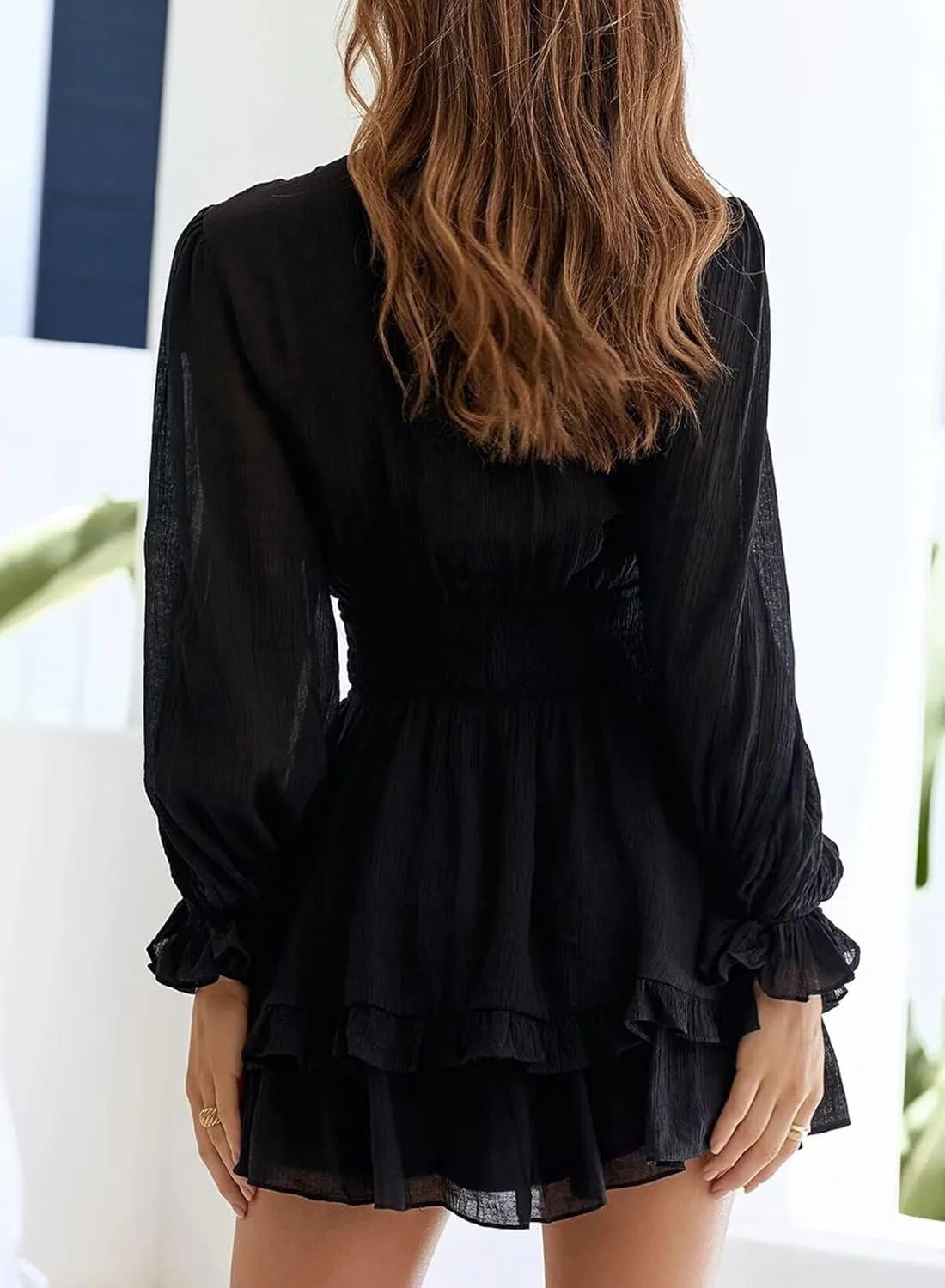 Dokotoo Womens Casual Spring Summer 2025 Deep V Neck Knotted Tiered Chiffon Elegant Mini Short Swing Skater Dresses