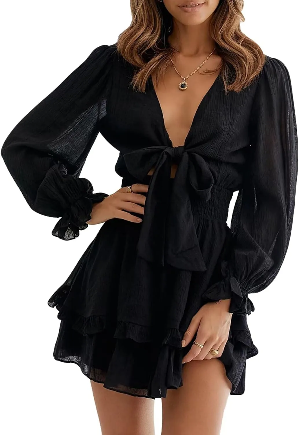 Dokotoo Womens Casual Spring Summer 2025 Deep V Neck Knotted Tiered Chiffon Elegant Mini Short Swing Skater Dresses