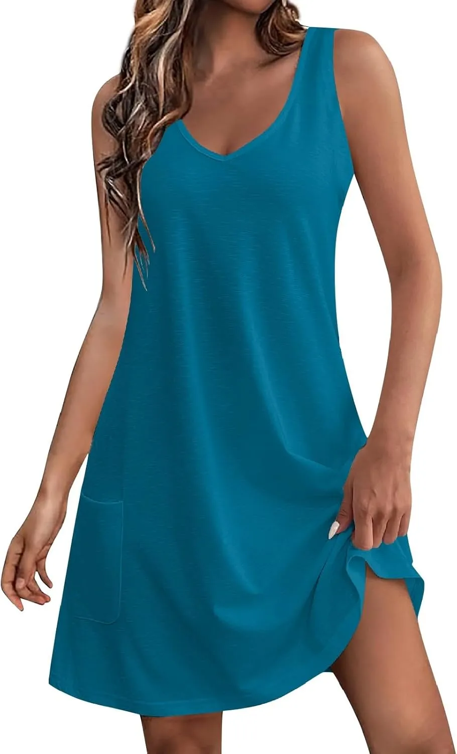 DOPOCQ Summer Dresses for Women 2024 Sexy V Neck Sleeveless Boho Beach Dress Casual Plus Size Solid Color Tank Mini Dresses