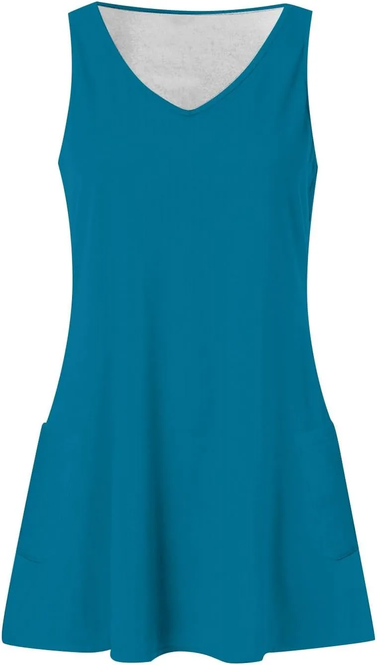 DOPOCQ Summer Dresses for Women 2024 Sexy V Neck Sleeveless Boho Beach Dress Casual Plus Size Solid Color Tank Mini Dresses