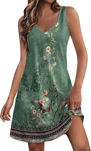 Dresses for Women 2024 Pockets Printed Tank Dresses Sleeveless V Neck Sundresses Trendy Elegant Mini Dresses