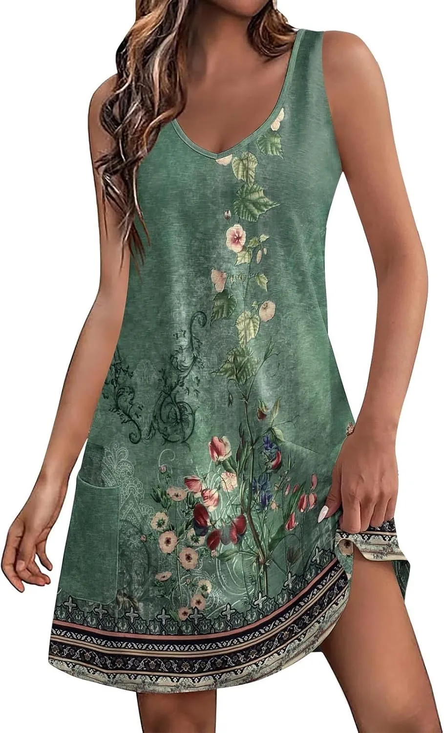 Dresses for Women 2024 Pockets Printed Tank Dresses Sleeveless V Neck Sundresses Trendy Elegant Mini Dresses