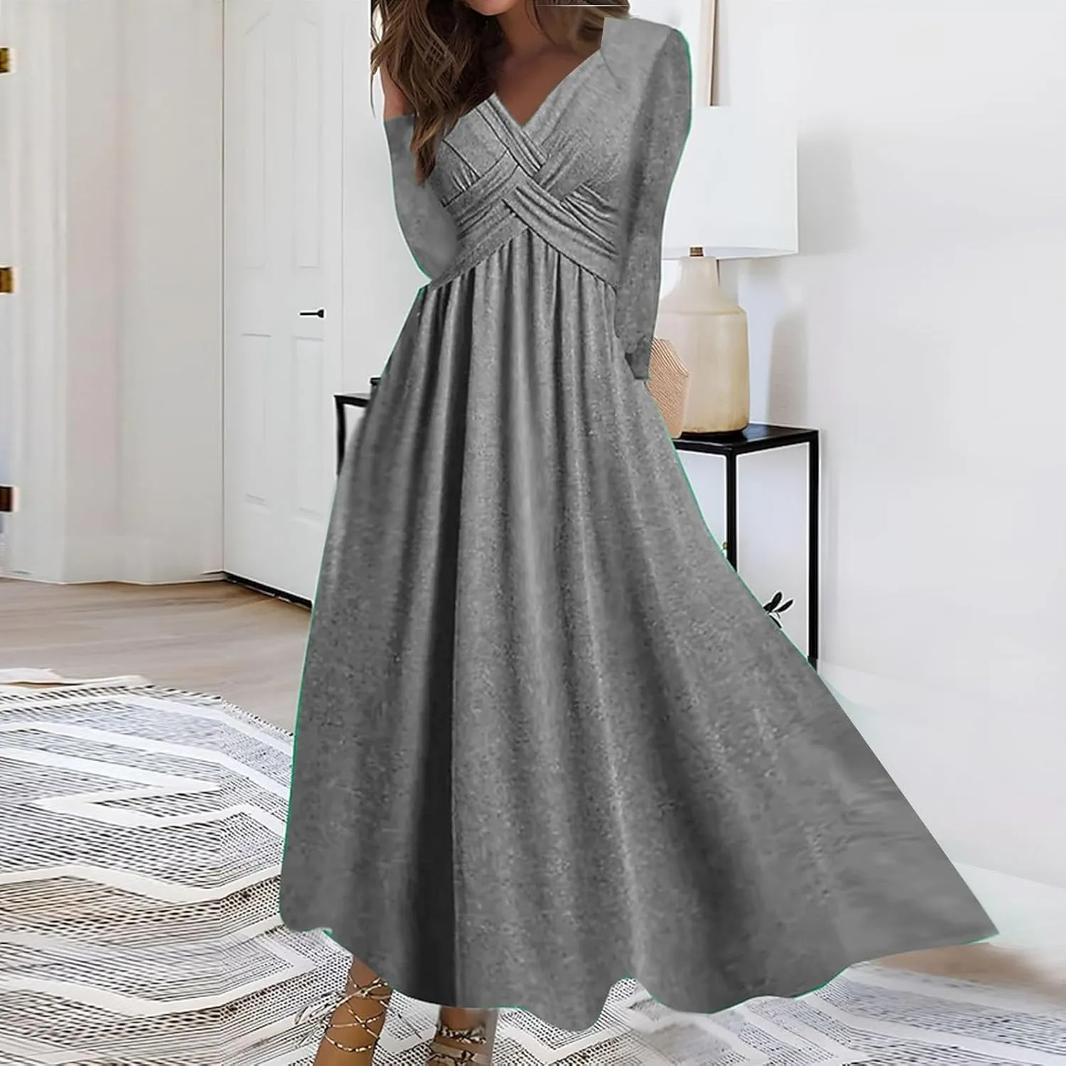 Dresses for Women Crisscross Twist Front V Neck Casual Short Sleeve Maxi Dress Pleated Beach Smocked Wedding Dress