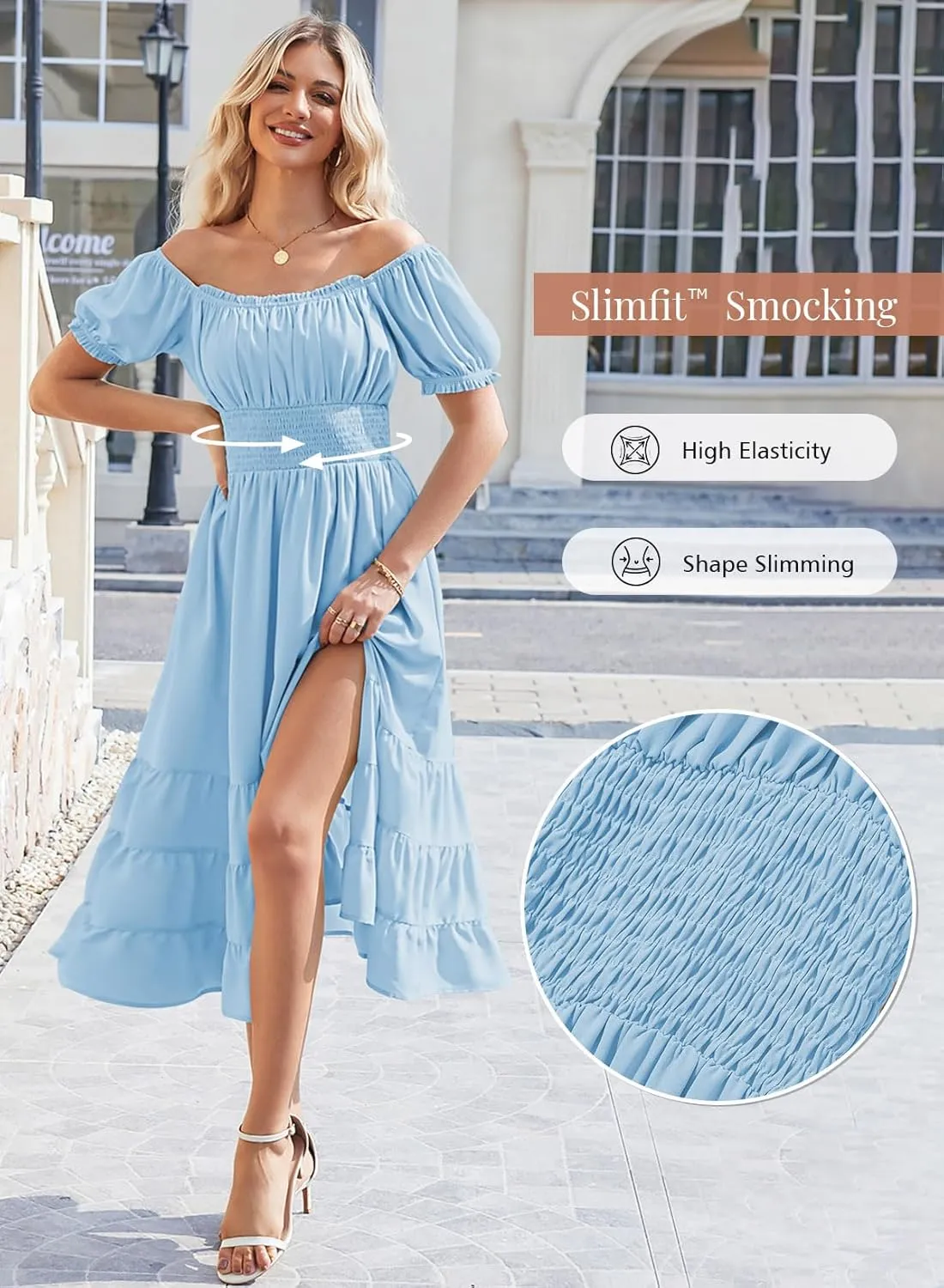 Duigluw Dresses for Women 2025 Casual Summer Short Puff Sleeve Square Neck A-Line Flared Dress