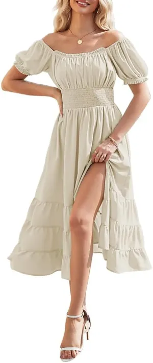 Duigluw Dresses for Women 2025 Casual Summer Short Puff Sleeve Square Neck A-Line Flared Dress