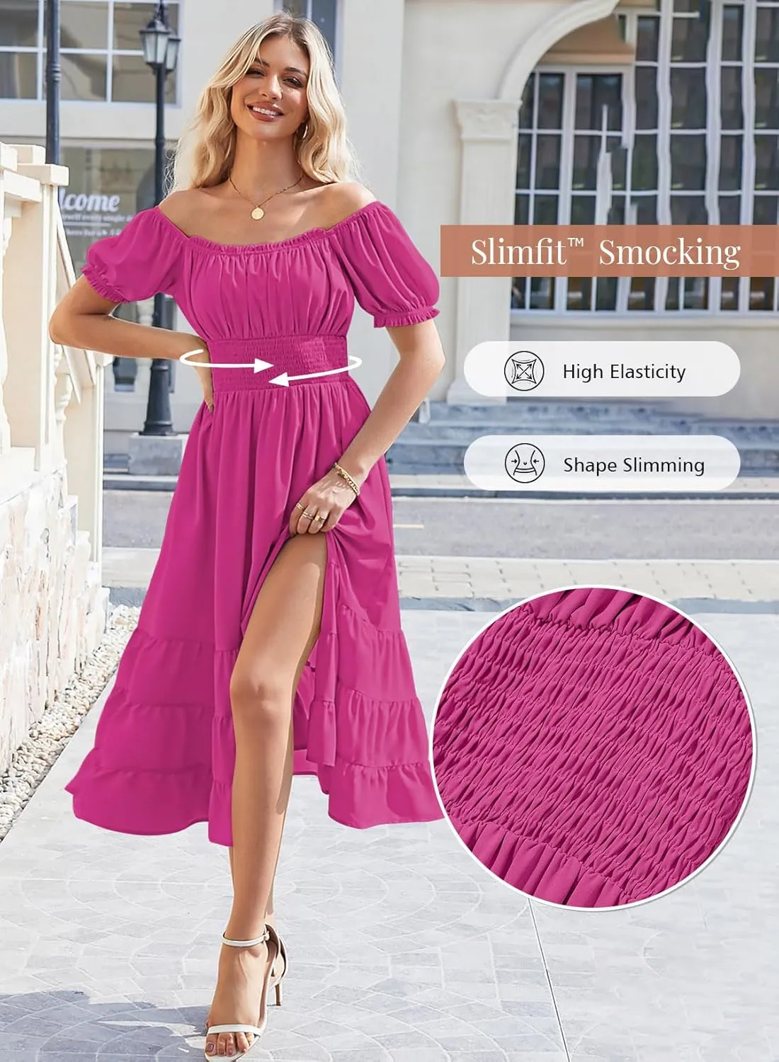 Duigluw Dresses for Women 2025 Casual Summer Short Puff Sleeve Square Neck A-Line Flared Dress