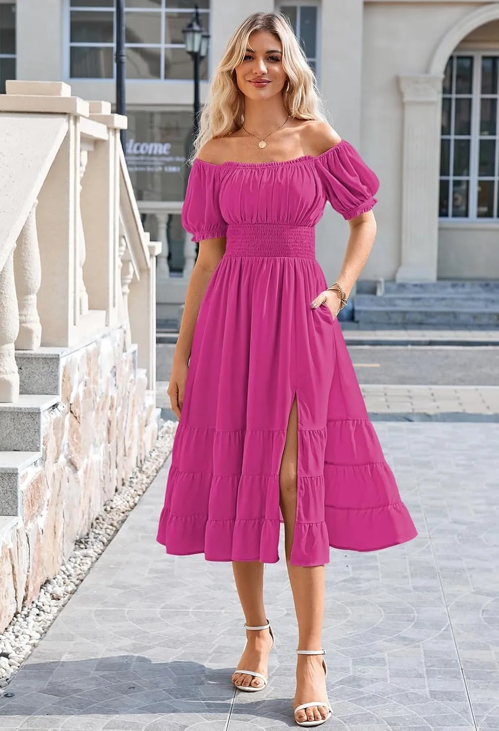 Duigluw Dresses for Women 2025 Casual Summer Short Puff Sleeve Square Neck A-Line Flared Dress