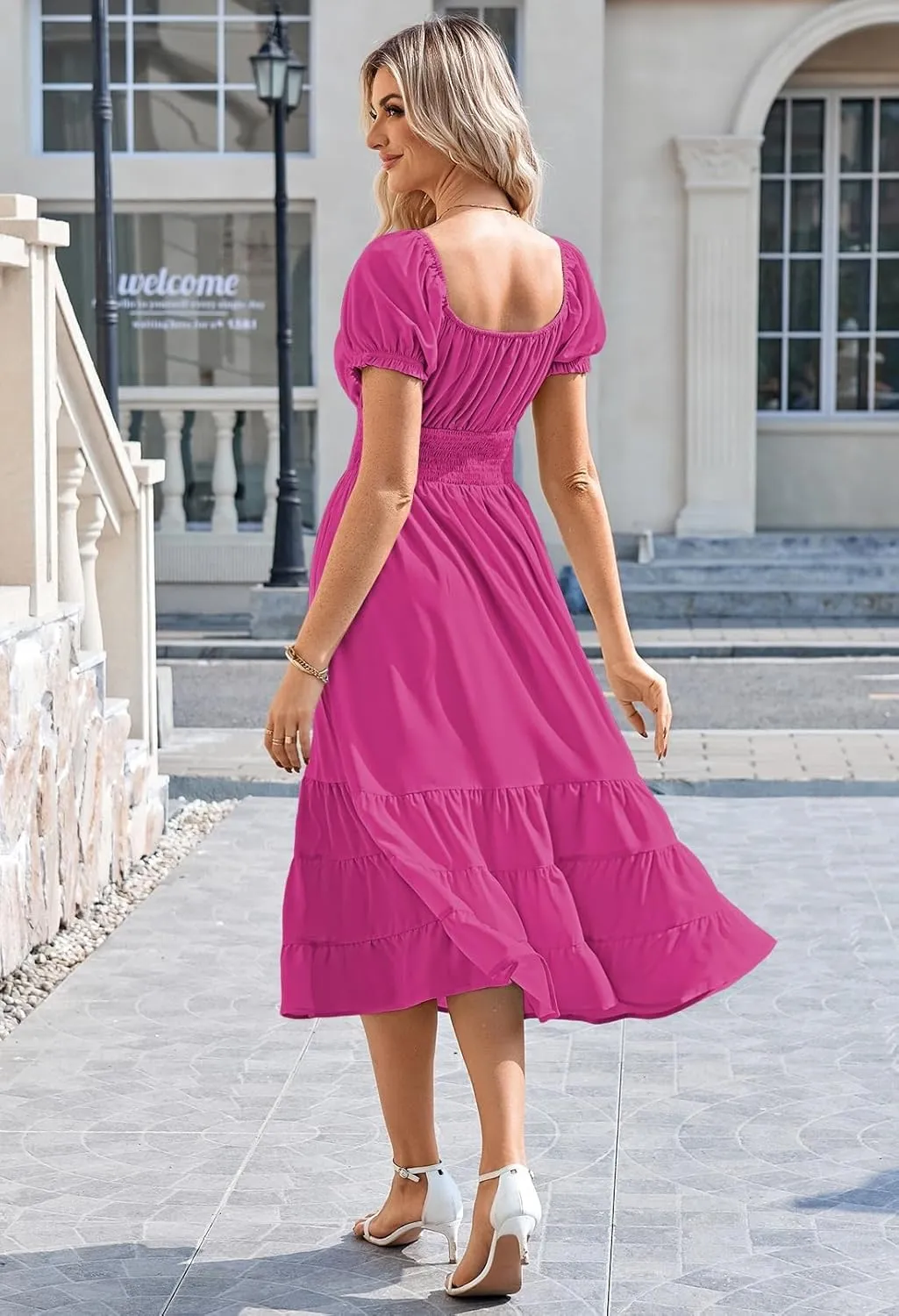 Duigluw Dresses for Women 2025 Casual Summer Short Puff Sleeve Square Neck A-Line Flared Dress