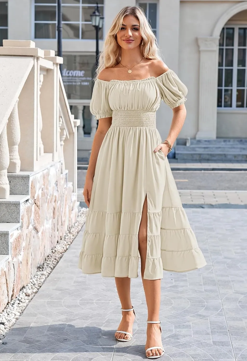 Duigluw Dresses for Women 2025 Casual Summer Short Puff Sleeve Square Neck A-Line Flared Dress