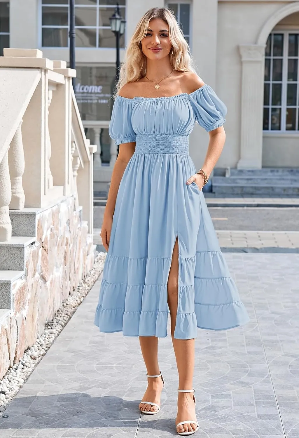 Duigluw Dresses for Women 2025 Casual Summer Short Puff Sleeve Square Neck A-Line Flared Dress