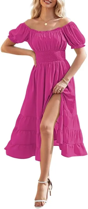 Duigluw Dresses for Women 2025 Casual Summer Short Puff Sleeve Square Neck A-Line Flared Dress
