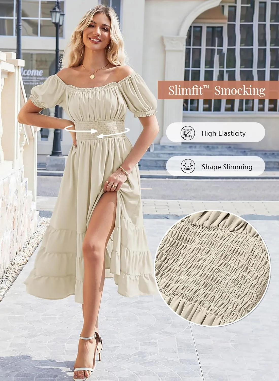 Duigluw Dresses for Women 2025 Casual Summer Short Puff Sleeve Square Neck A-Line Flared Dress